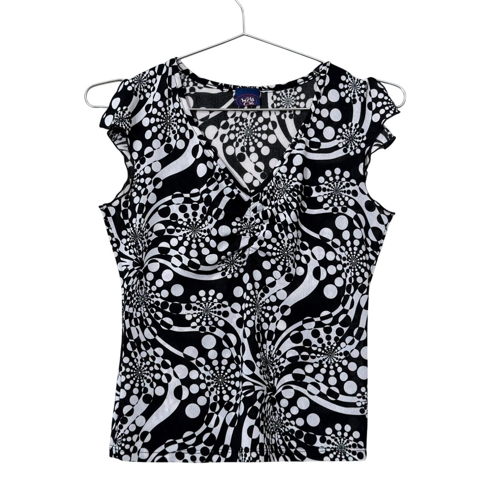 Y2K‎ Wildcat Mesh Top Womens Small Black White Vintage Psychedelic Lettuce Trim